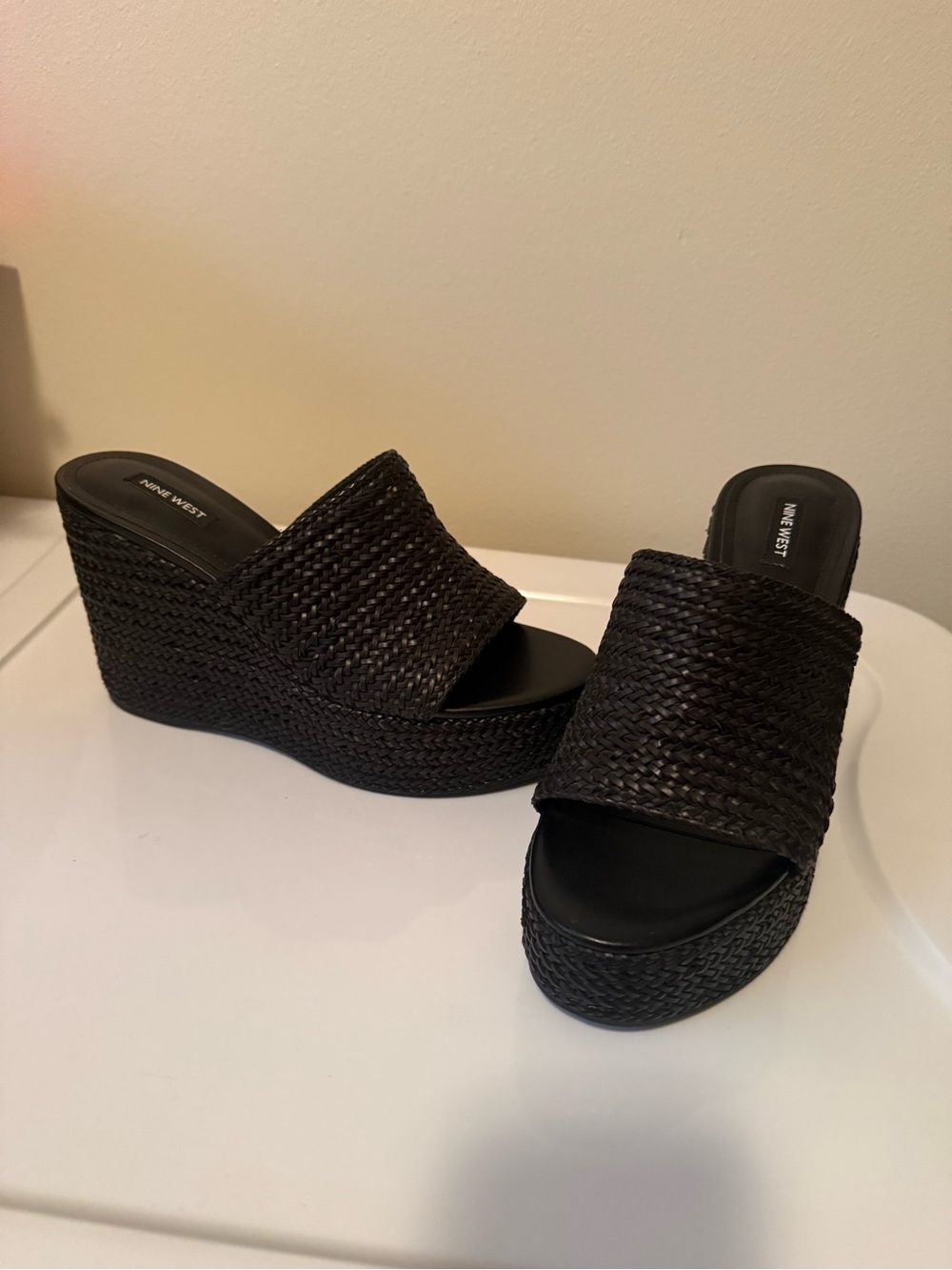 Nine West Black Woven Slide Wedge Sandals